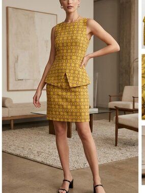 Tibi Mustard yellow Geometric print Peplum sleeveless Sheath dress, sz 2
